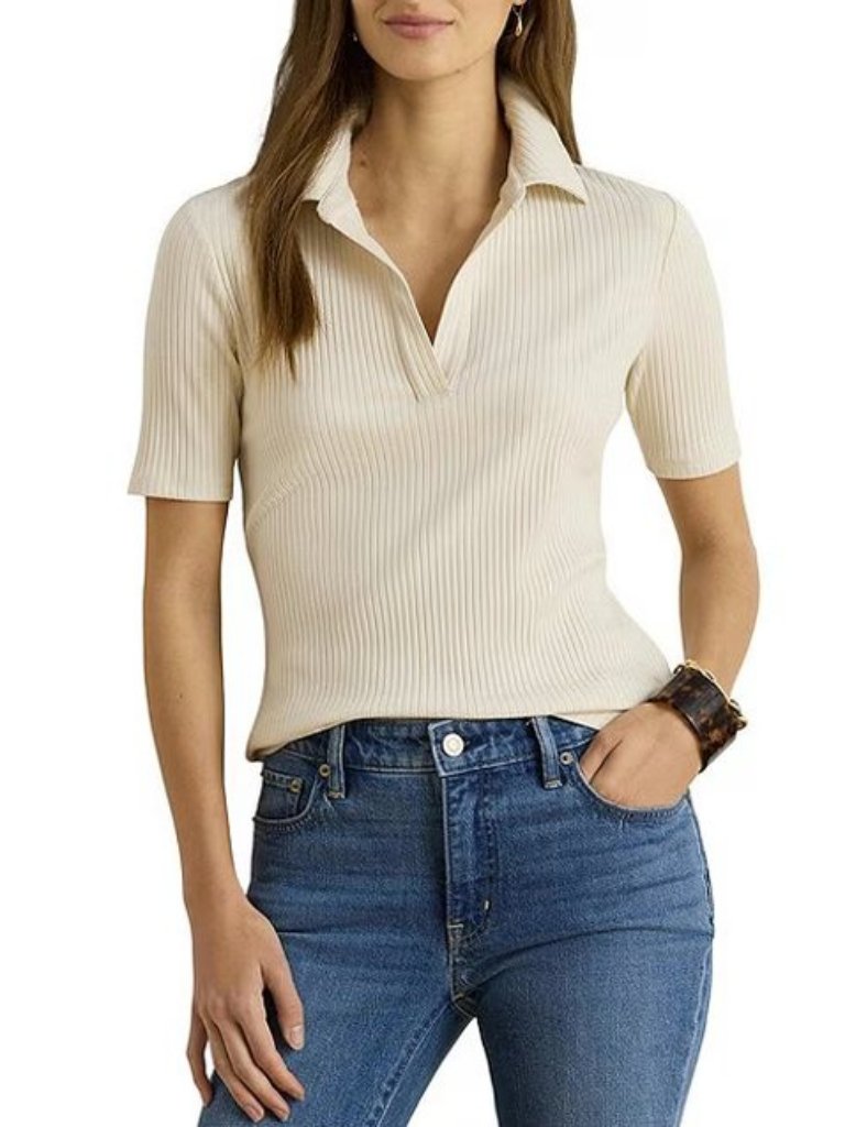 Lauren Ralph Lauren Sweater Top Womens S Ivory Ribbed Knit Collared Polo